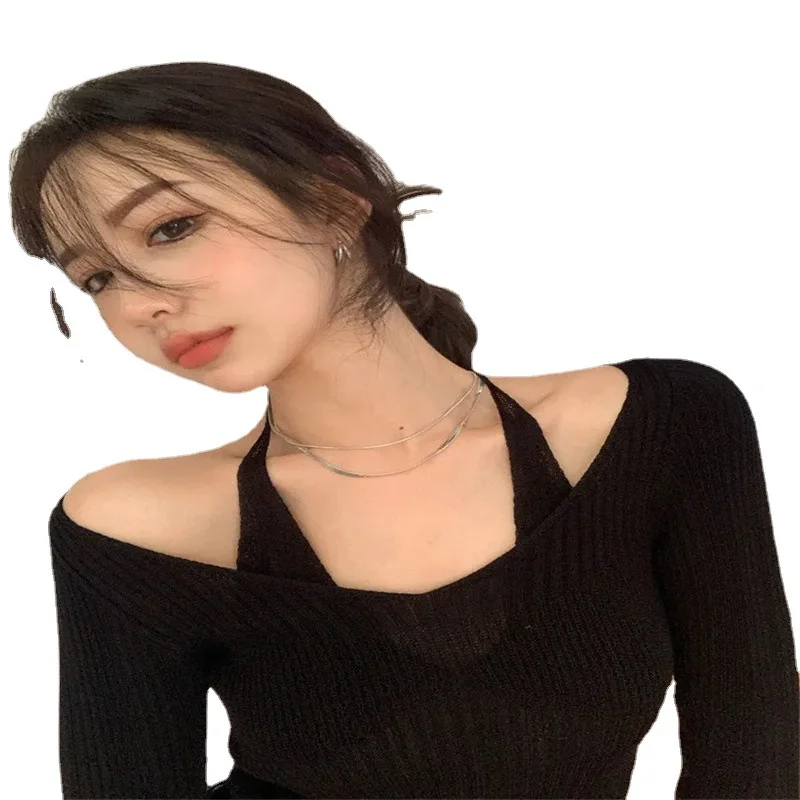 Uveng Uveng Two Knitted Shirt Women Spring New Sexy Slimy V Collar Hanging Neck Long Sleeve Bottom Shirt