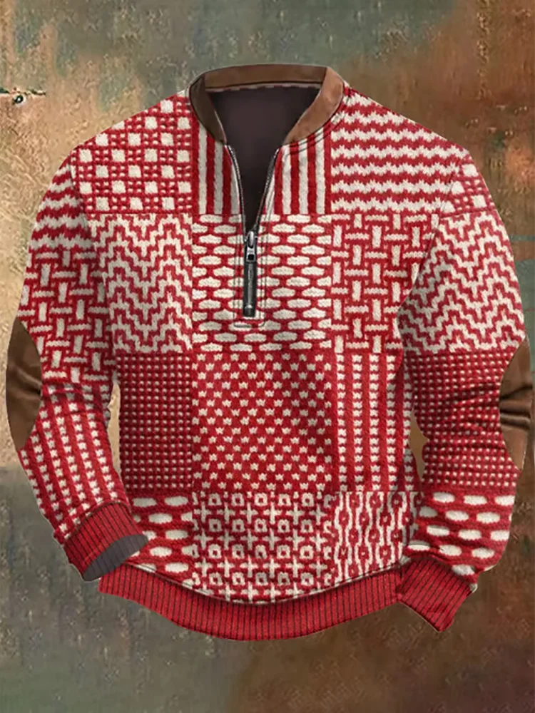 Utbros Men's Retro Western Textured Print Zip Collar Sweatshirt