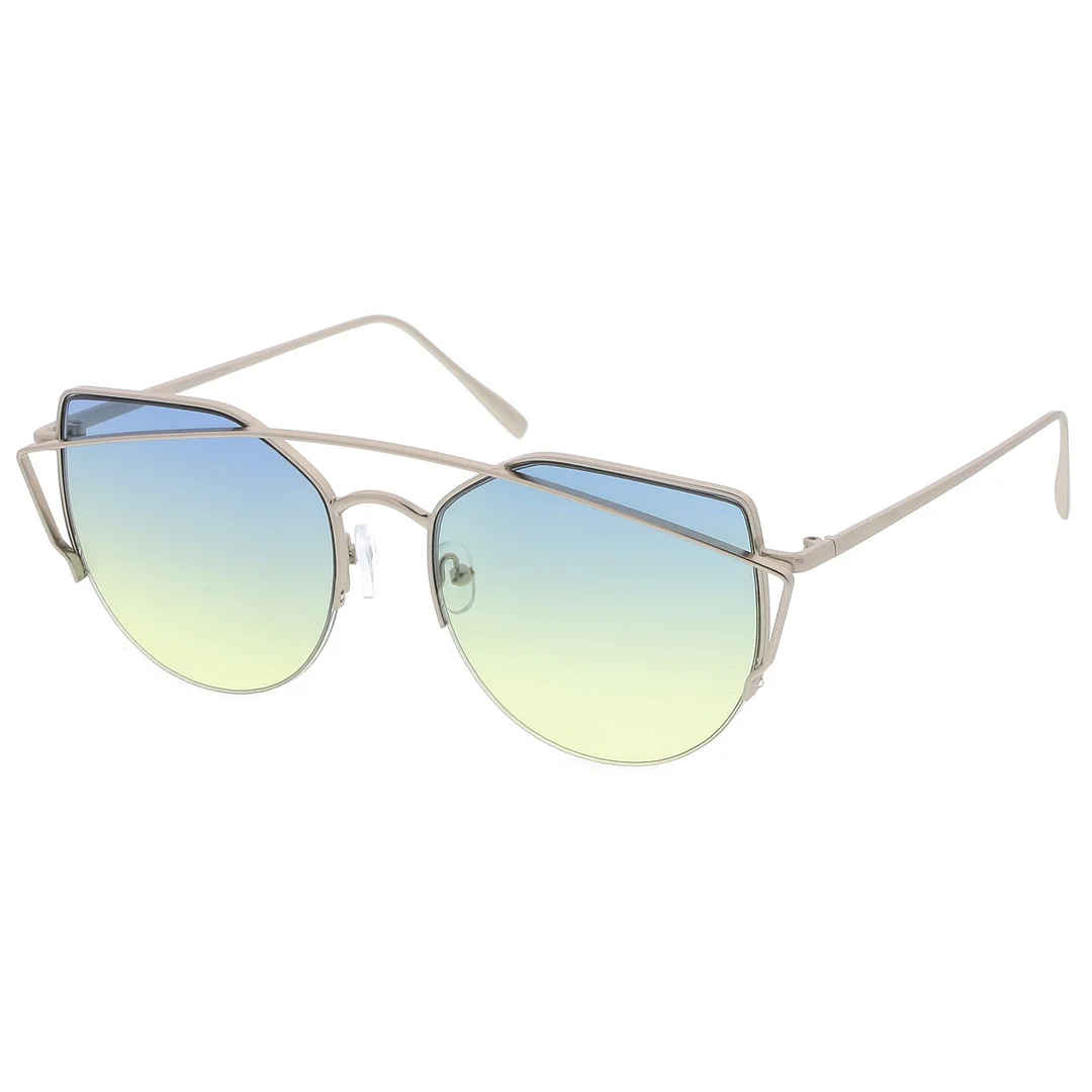 Women's Semi Rimless Metal Brow Bar Round Colored Flat Lens Cat Eye glasses