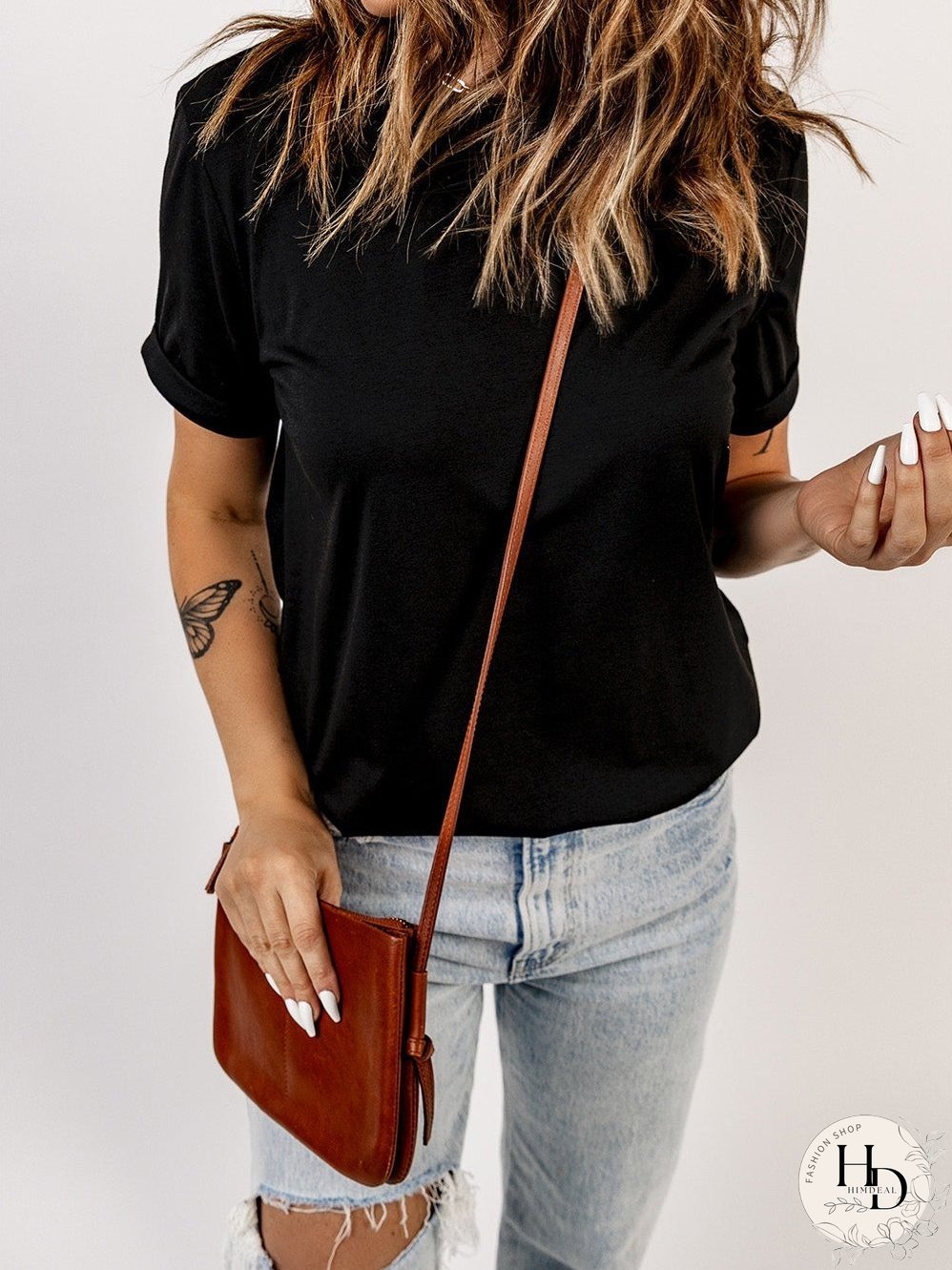 Chic Black Round Neck Short Sleeve Tee
