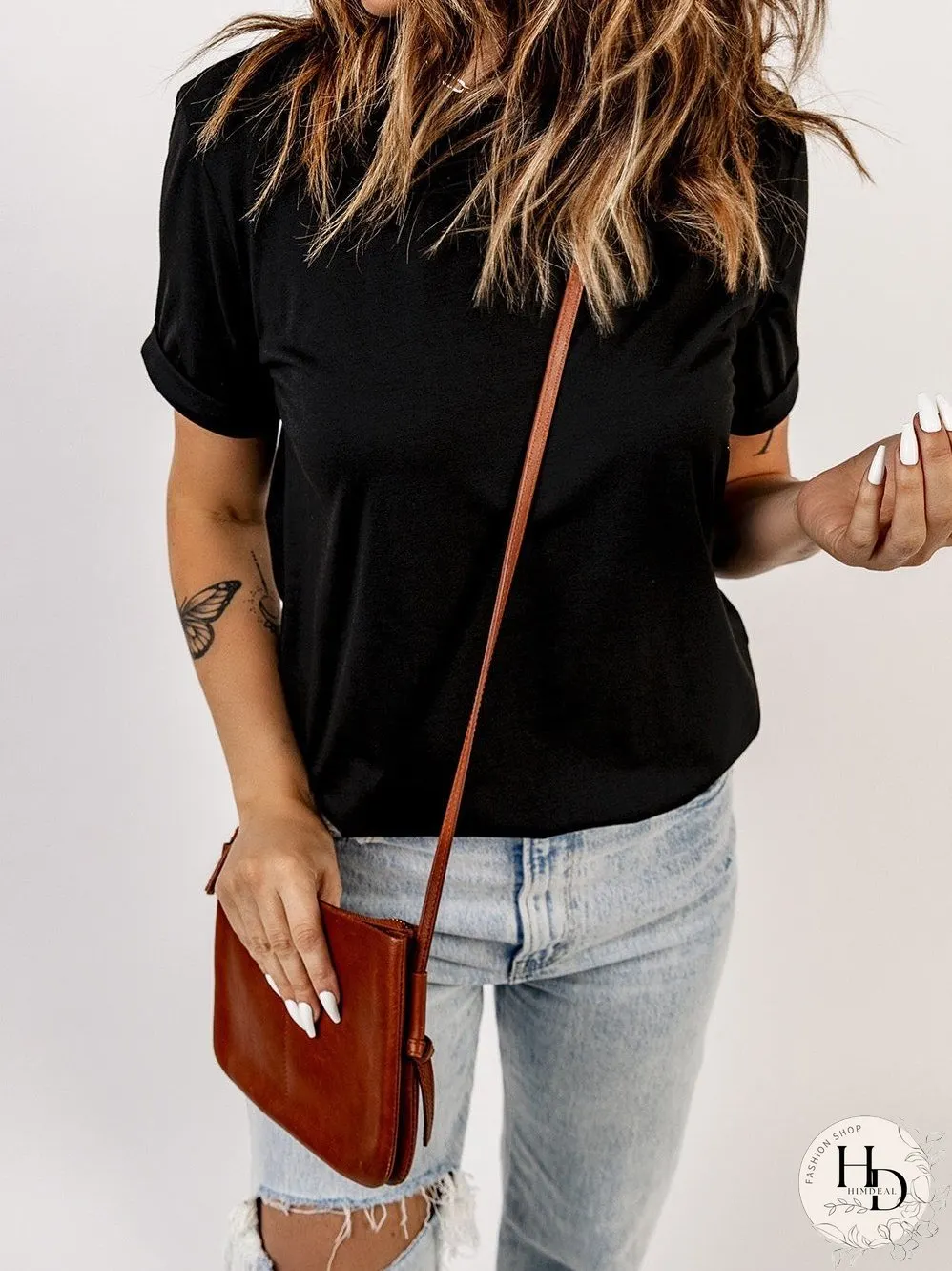 Chic Black Round Neck Short Sleeve Tee