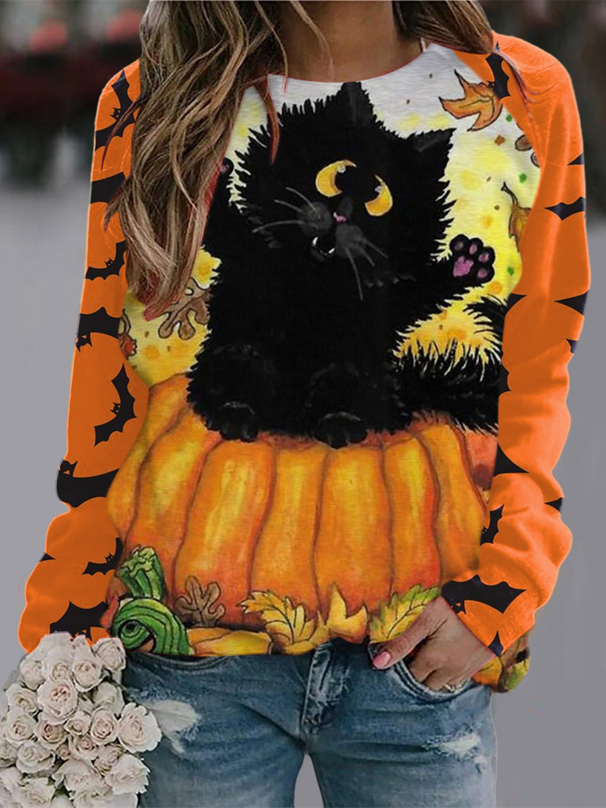 Women Long Sleeve V-neck Graphic Floral Printed Top