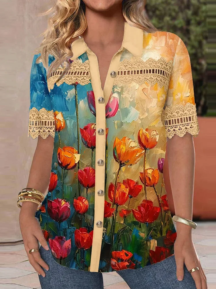 Women's 2024 Short Sleeve Lapel Single Breasted Retro Floral Patchwork Shirt Top Spring Summer Outfit Shirt