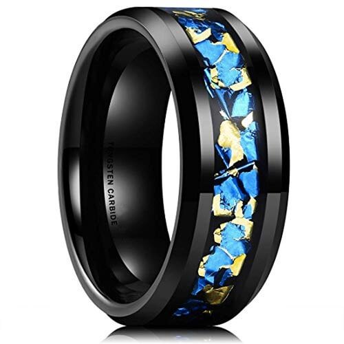Women's Or Men's Tungsten Carbide Wedding Band Matching Rings,Wedding ring bands Black with Blue and Yellow Gold Foil Inlay. Tungsten Carbide Ring With Mens And Womens For Width 4MM 6MM 8MM 10MM