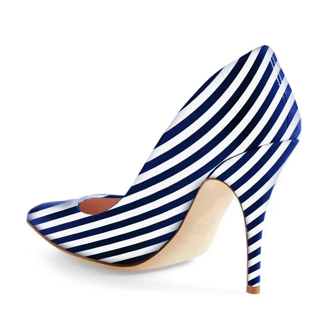Blue & White Patent Leather Stripes Pointed Toe Pumps Heels