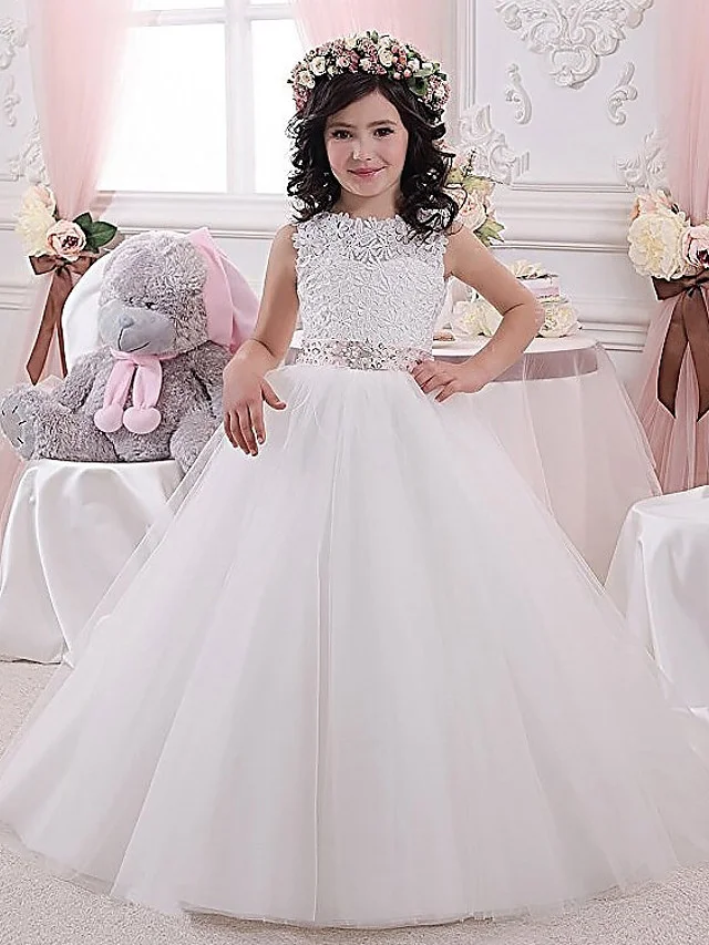 Daisda  Sleeveless Jewel  Ball Gown Floor Length Flower Girl Dresses Tulle With Lace 