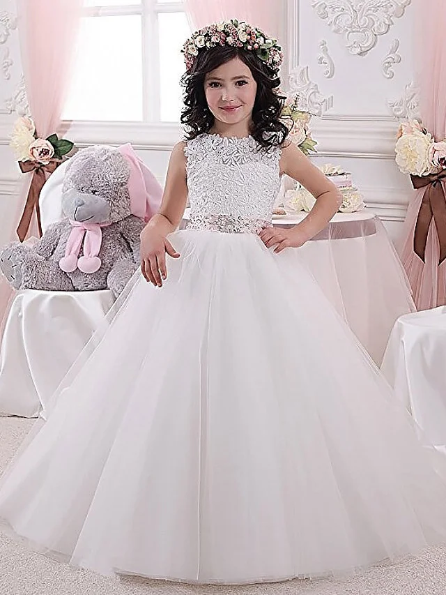 Hellodresses  Sleeveless Jewel  Ball Gown Floor Length Flower Girl Dresses Tulle With Lace 
