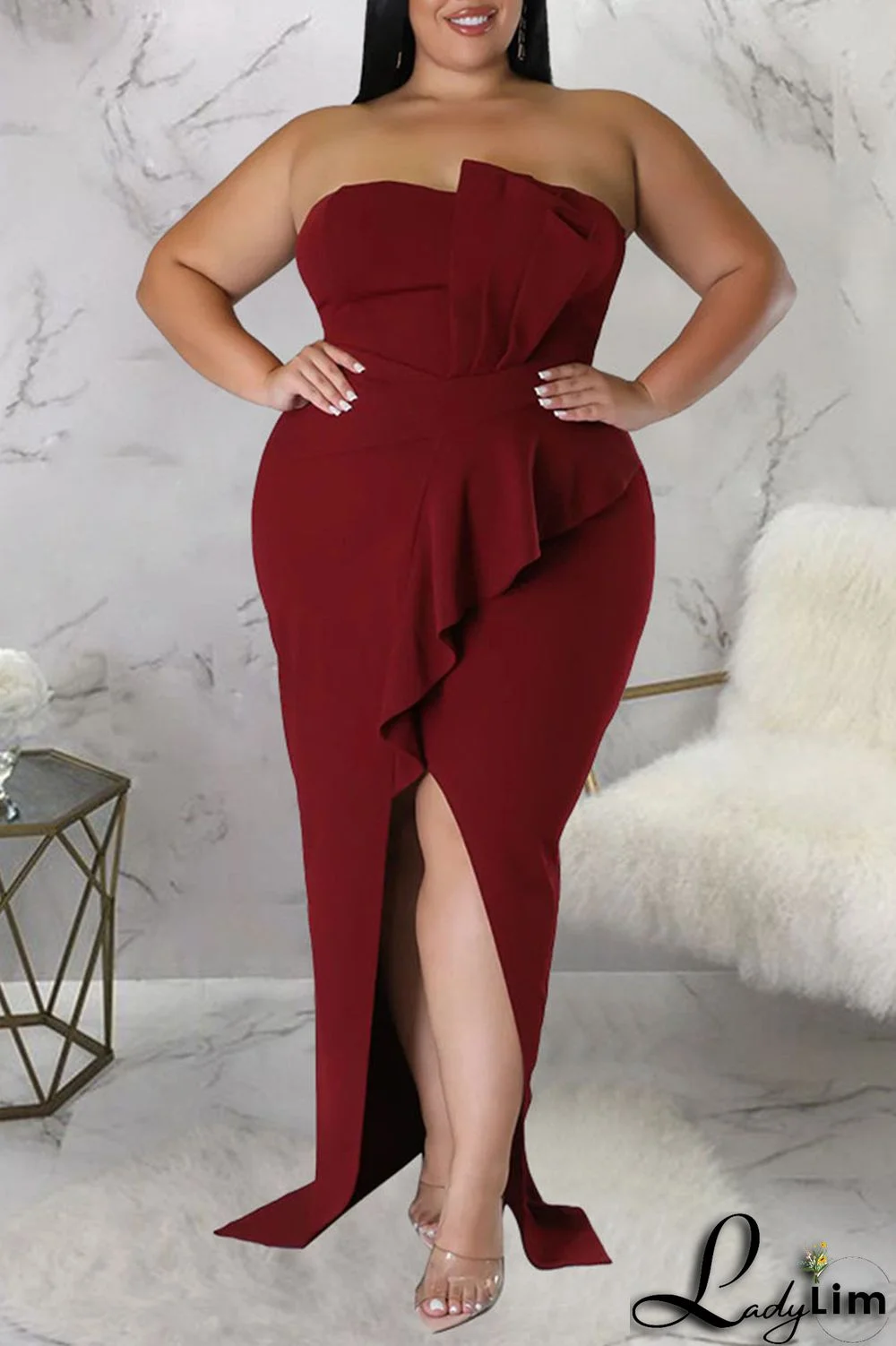 Burgundy Sexy Solid Patchwork Flounce Slit Asymmetrical Strapless Evening Dress Plus Size Dresses