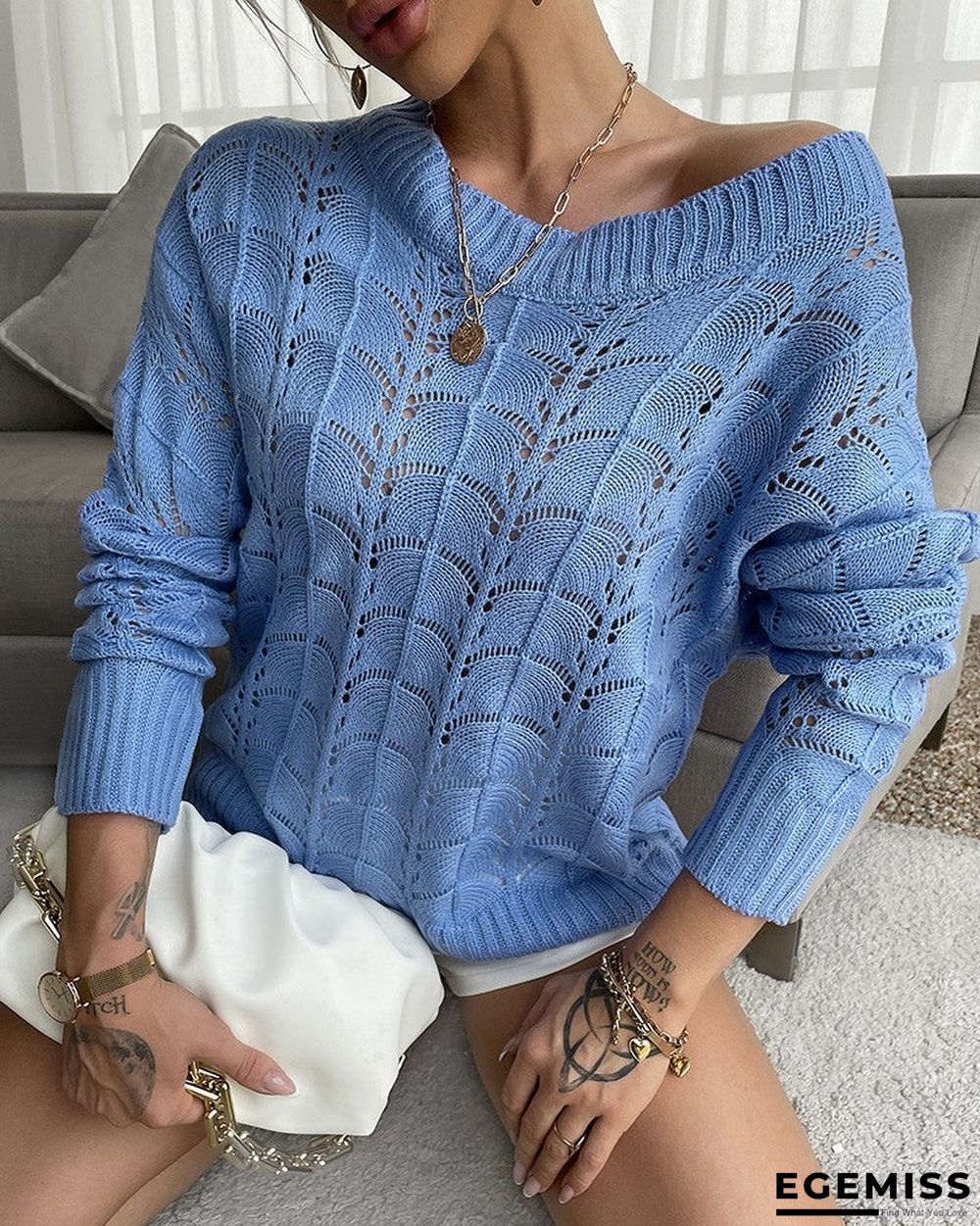 Hollow Out Long Sleeve Casual Knit Sweater | EGEMISS