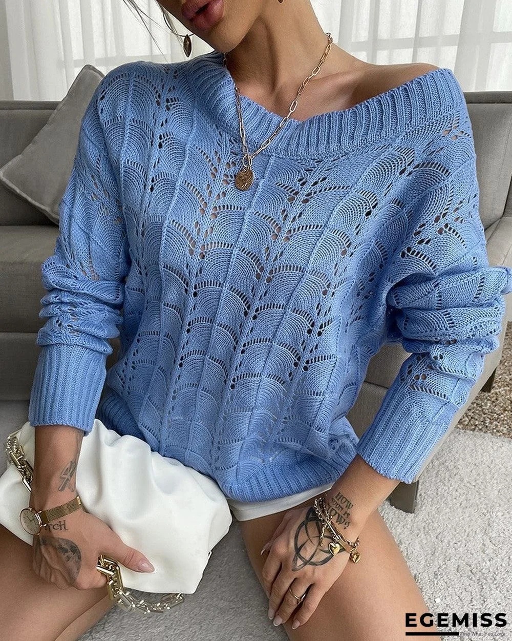 Hollow Out Long Sleeve Casual Knit Sweater | EGEMISS
