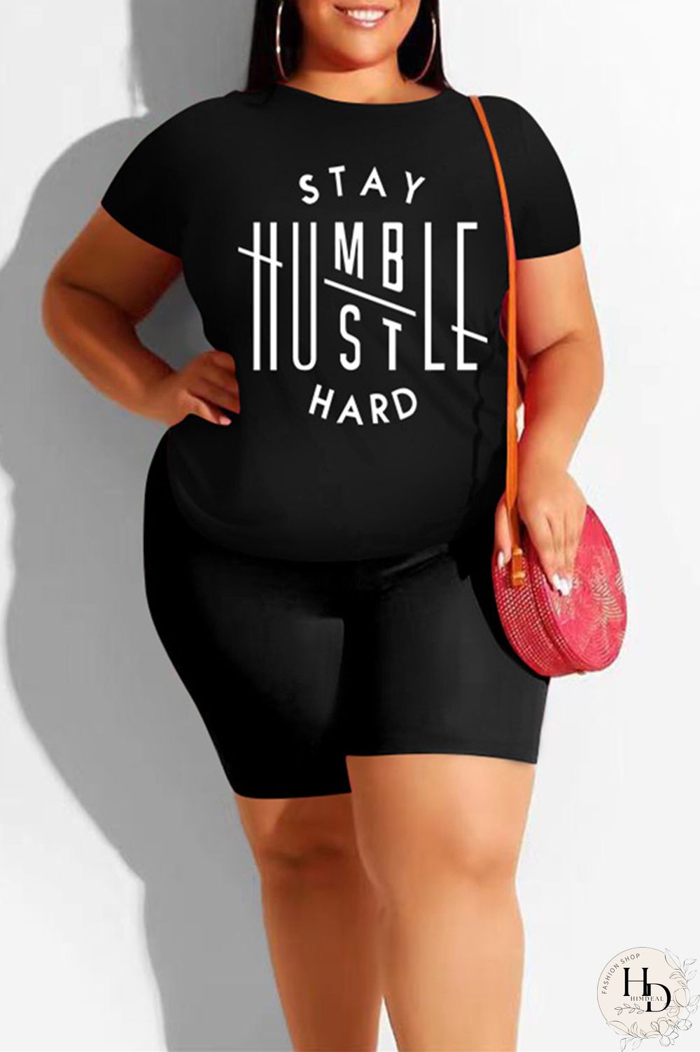 Black Fashion Casual Print Basic O Neck Plus Size Two Pieces