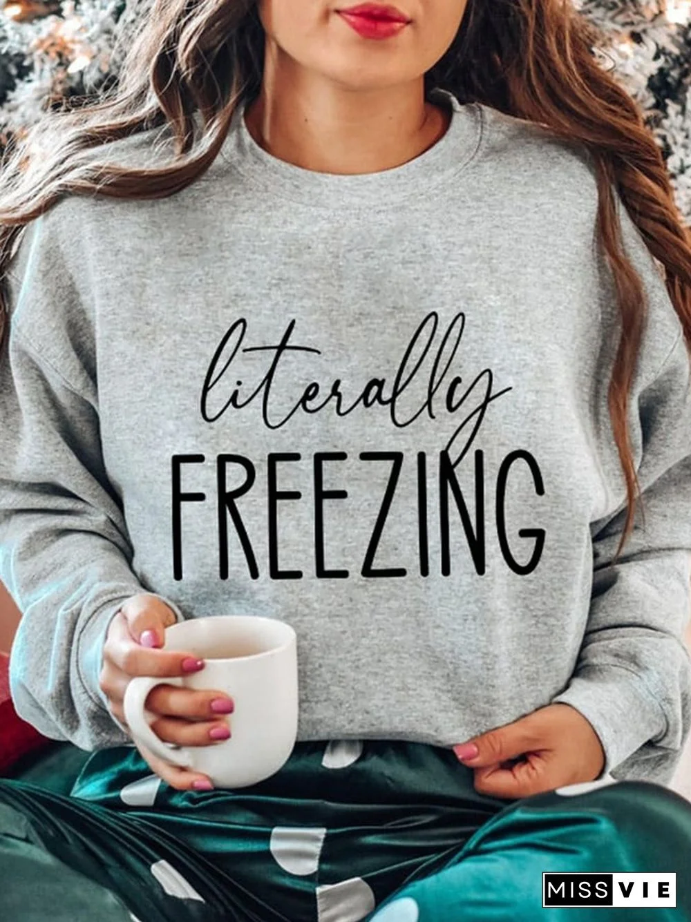Retro Literally Freezing Print Crew Neck Sweatshirt