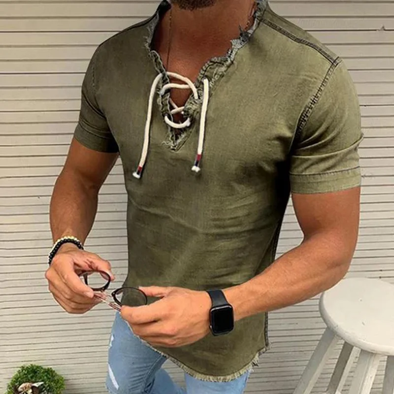 Mens Casual V-neck Tie-up Shirt