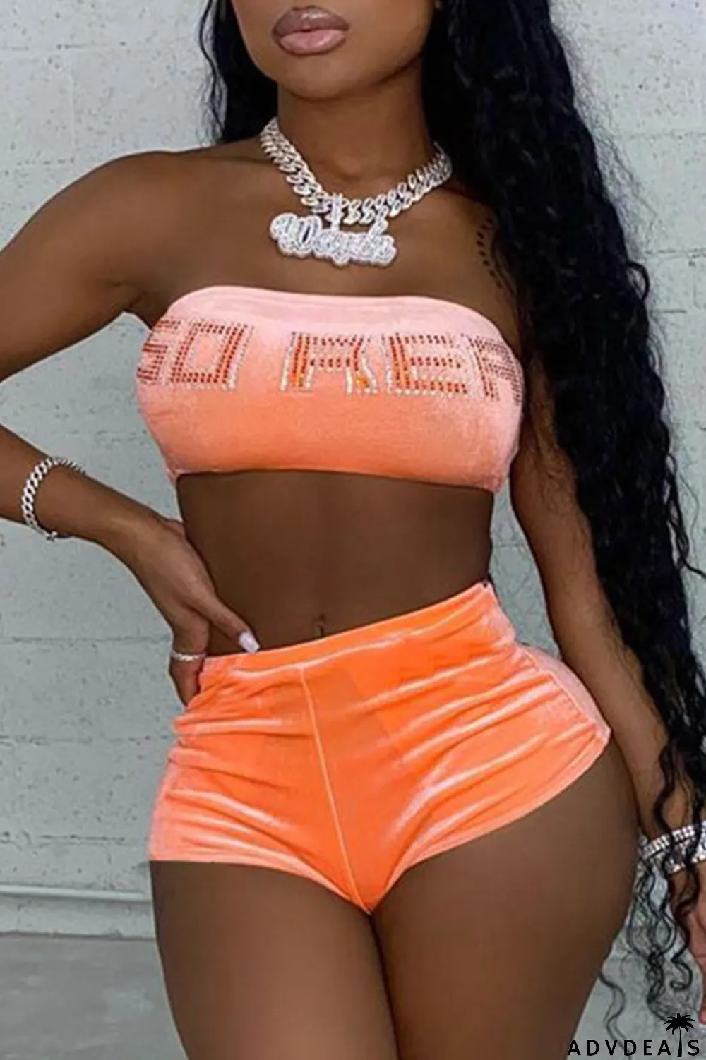 Orange Apricot Sexy Print Split Joint Strapless Sleeveless Two Pieces