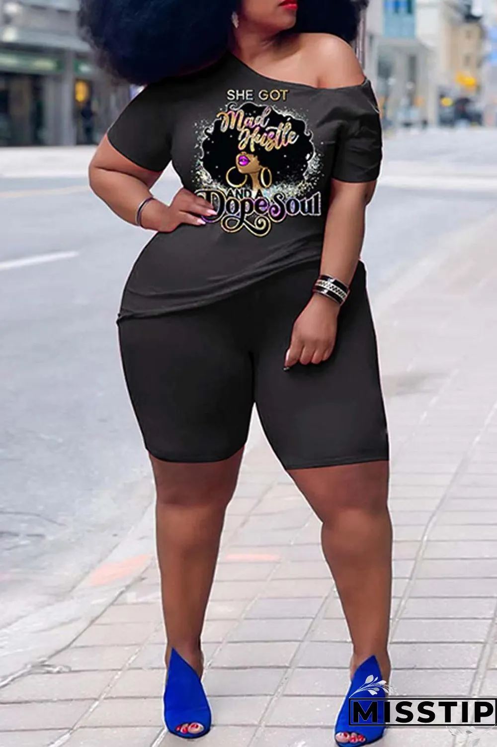 Orange Casual Print Basic Oblique Collar Plus Size Two Pieces