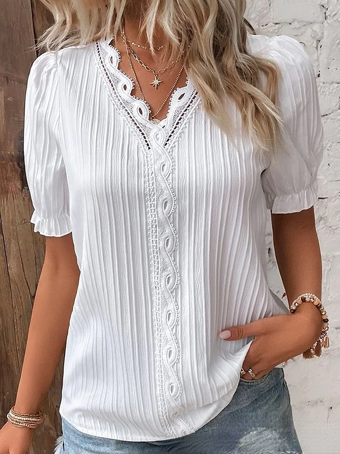V Neck Plain Lace Elegant Shirt