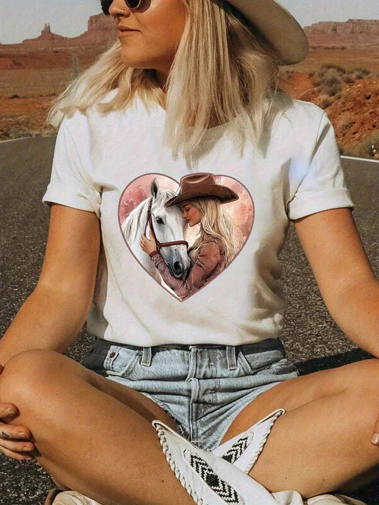 Women's 100% Casual Short Sleeve T-Shirt - Western Cowgirl Graphic Print With Blonde Woman & White Horse In Pink Heart Design, Comfort Fit Sisters Dress, Spring Summer Outdoor Travel Essential, Ladies T-Shirts, Weekend Outfit, Vintage Aesthetic