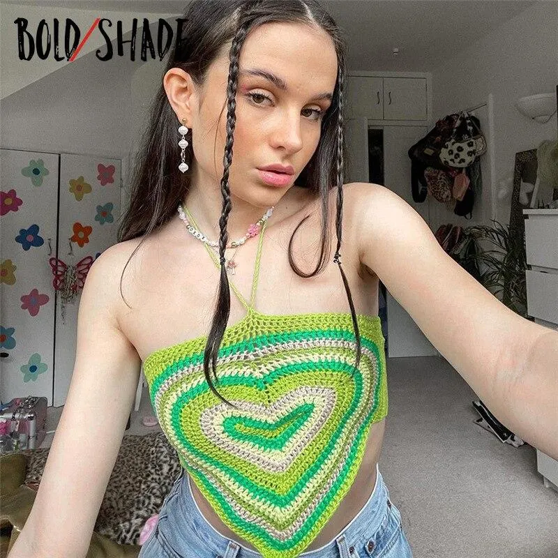 Bold Shade Indie Aesthetic Green Bandana&nbsp;Tops Knit Harajuku Heart Pattern Sexy Halter Camisole Cute Lace Up Backless Cropped Top