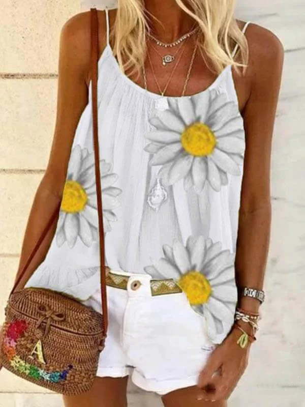 Ladies Stylish Trendy Daisy Printed Round Collar Sleeveless Vest-Mayoulove