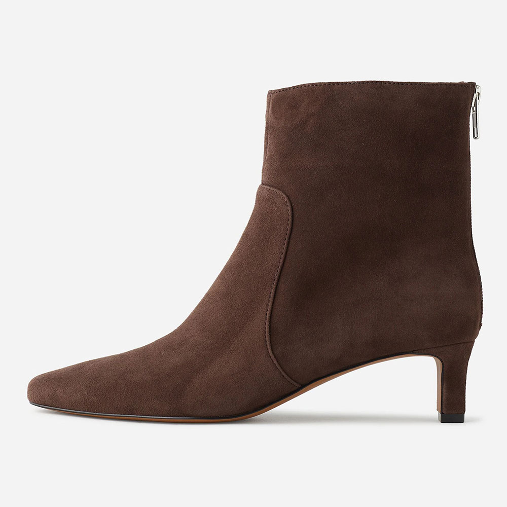 Brown Vegan Suede Square Toe Kitten Heel Ankle Boots with Zipper Nicepairs