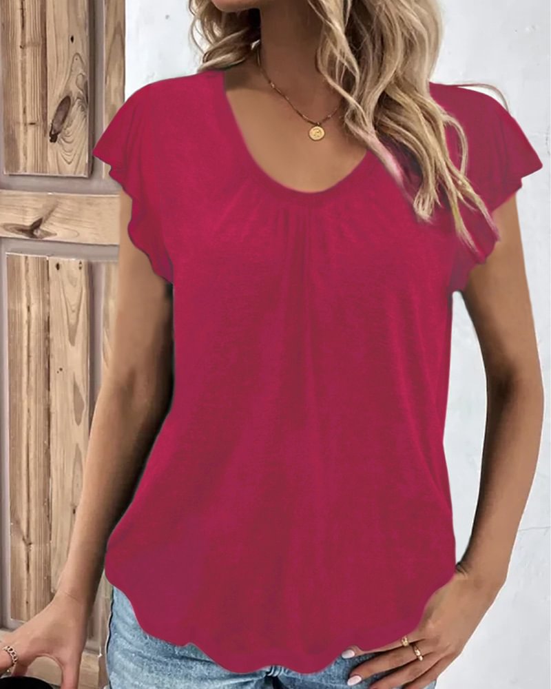 Spring Summer Solid Color Ruffled Short Sleeves