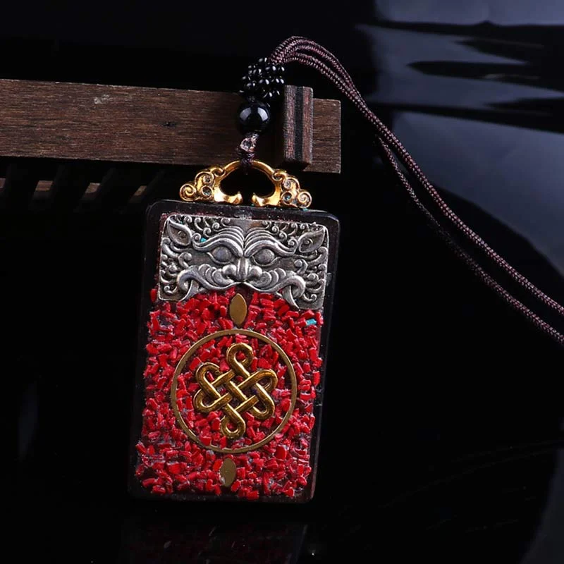 Ebony Wood Elephant Lotus Balance String Necklace Pendant