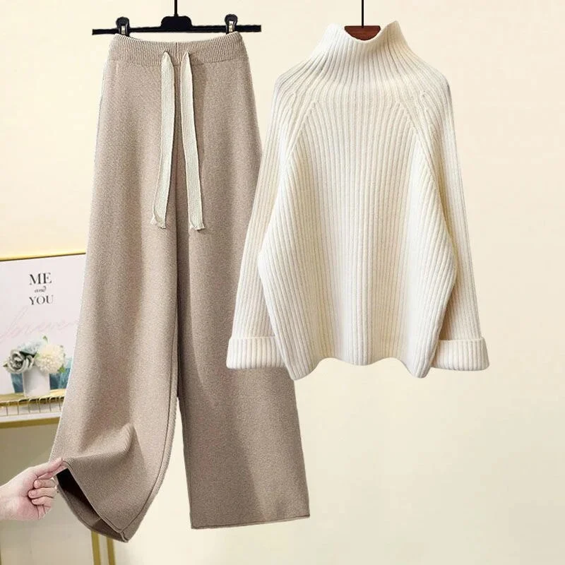 Zingj Winter Warm Knitted Suit Women Long Sleeve Half Turtleneck Knitting Sweater And Wide Leg Pants Sets Outer Wear Loose Set