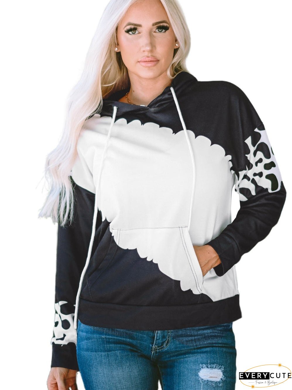Cow Print Tie Dye Drawstring Hoodie with Pockets