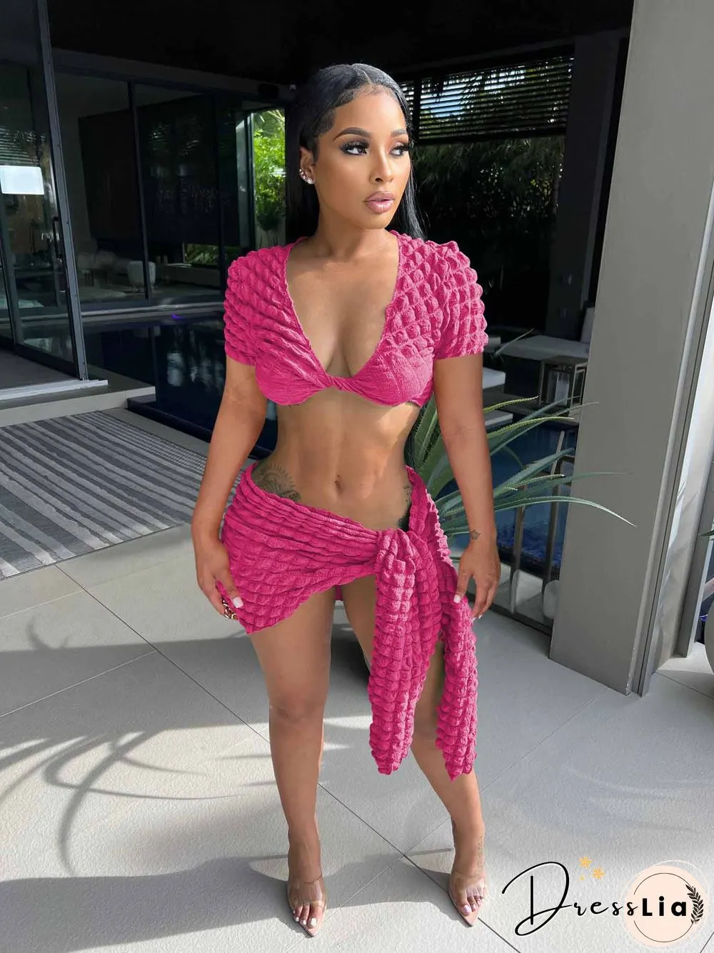 Short Sleeve Crop Tops Lace Up Skirts Two Piece Set