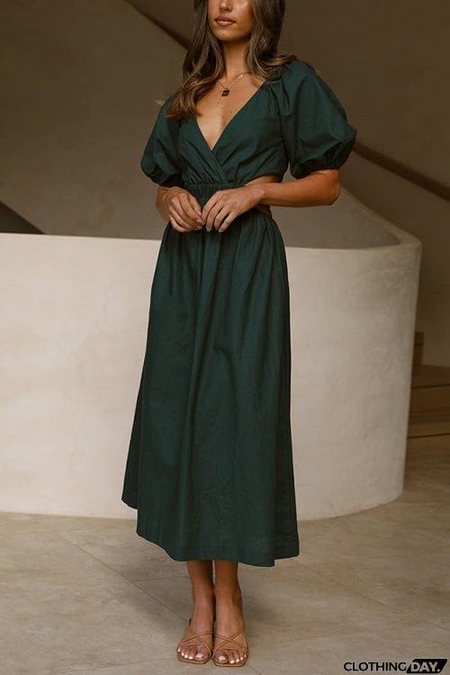 Cut Out Waist V Neck Puff Sleeve Dress