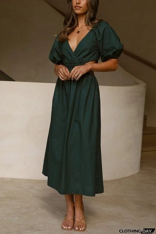 Cut Out Waist V Neck Puff Sleeve Dress