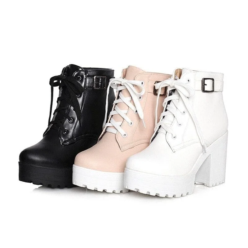 Fashion Buckle Plus Lacing 3 Colors High Heel Martin Boots SP15526