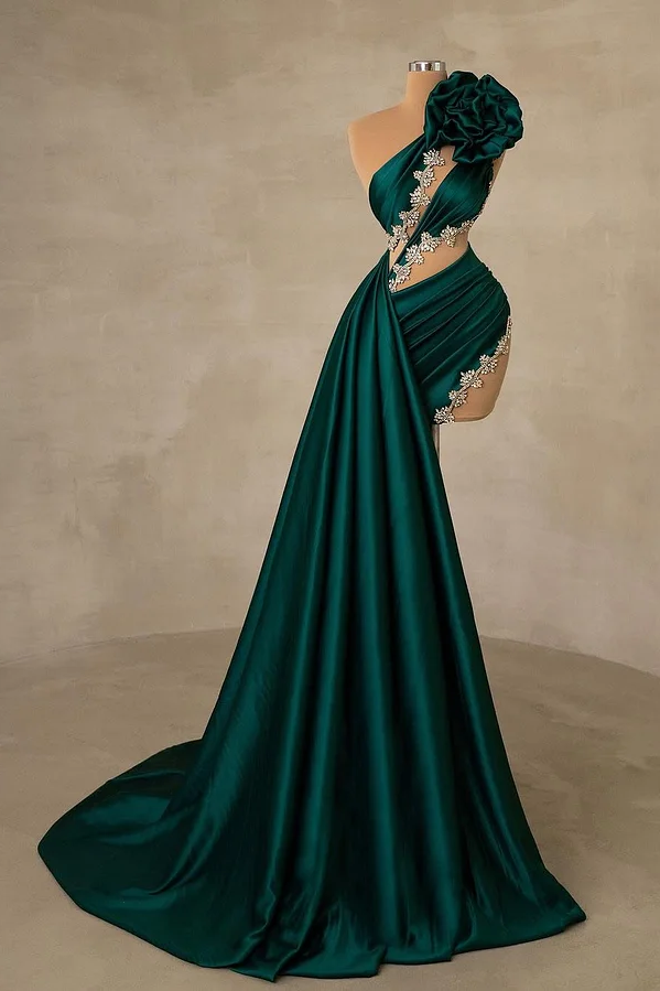 Daisda Sleeveless Asymmetric Mermaid Beadeds Handmade Flower Prom Dress