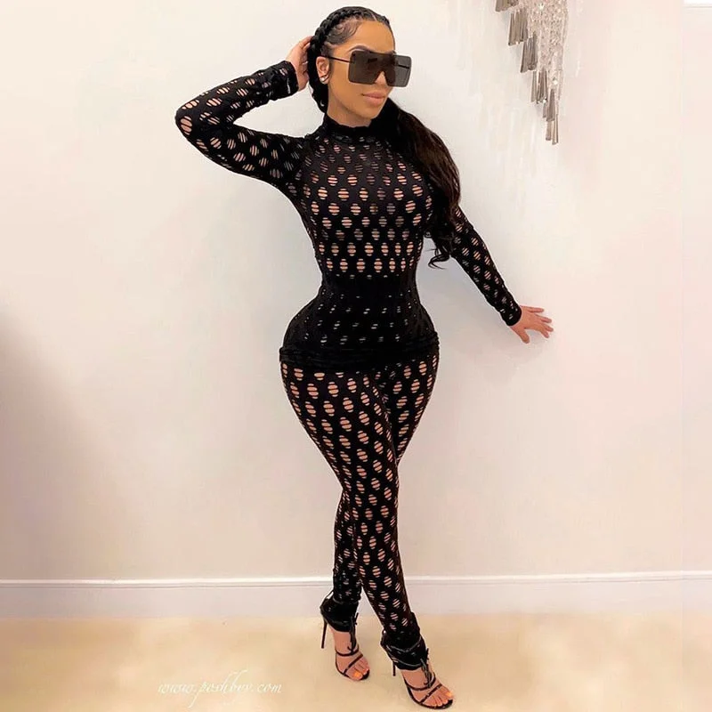 2 Two Piece Set Sexy Hollow Out Outfit Women Winter Hole Long Sleeve Tops And Leggings Femme Casual See Through Matching Sets