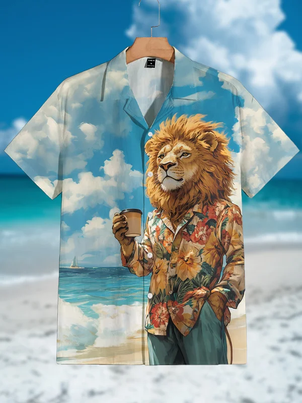 Men's Lion Drinking Coffee On The Beach Print Vacation Shirt