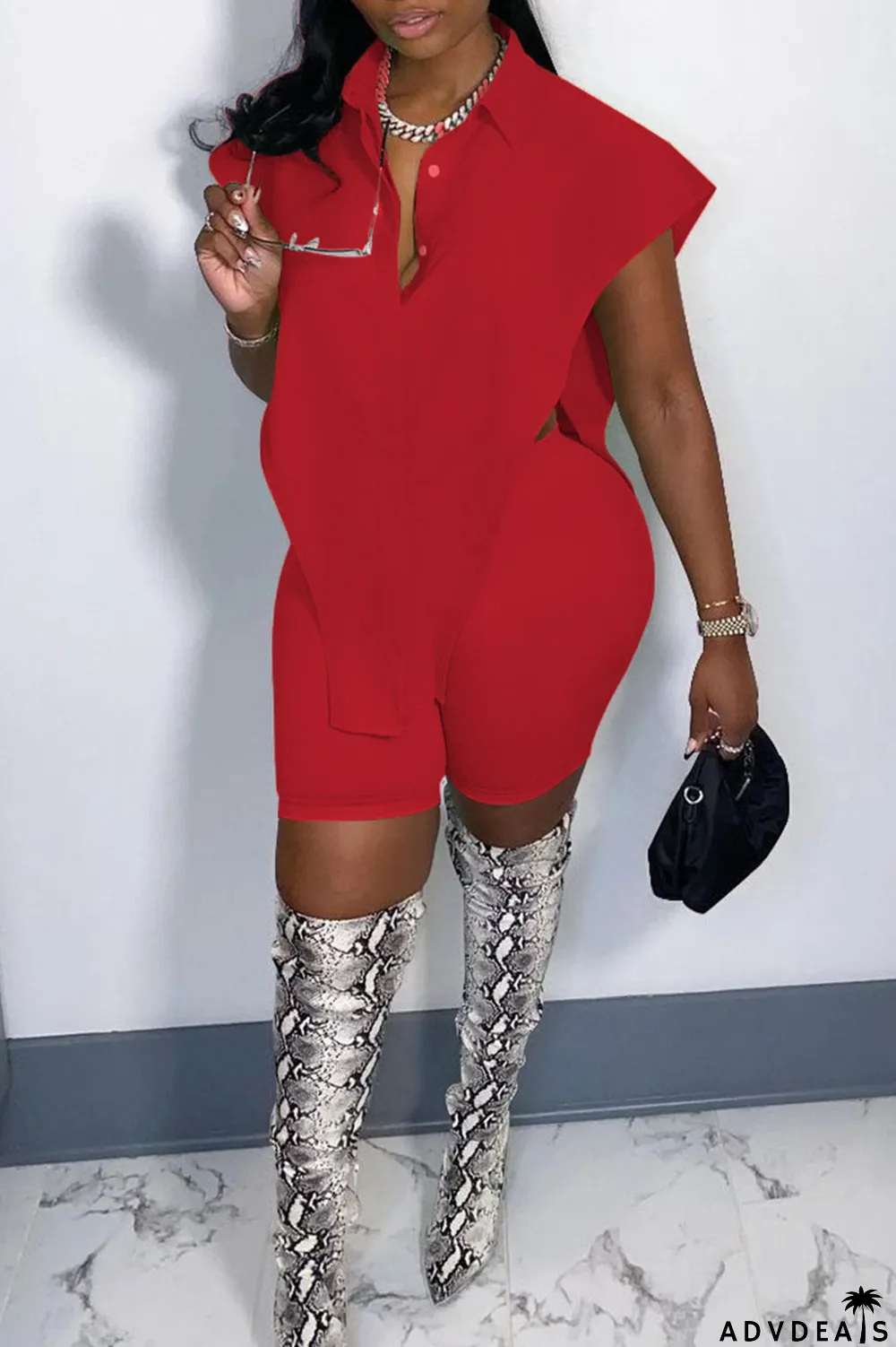 Green Sexy Street Solid Split Joint Buckle Asymmetrical Turndown Collar Sleeveless Two Pieces