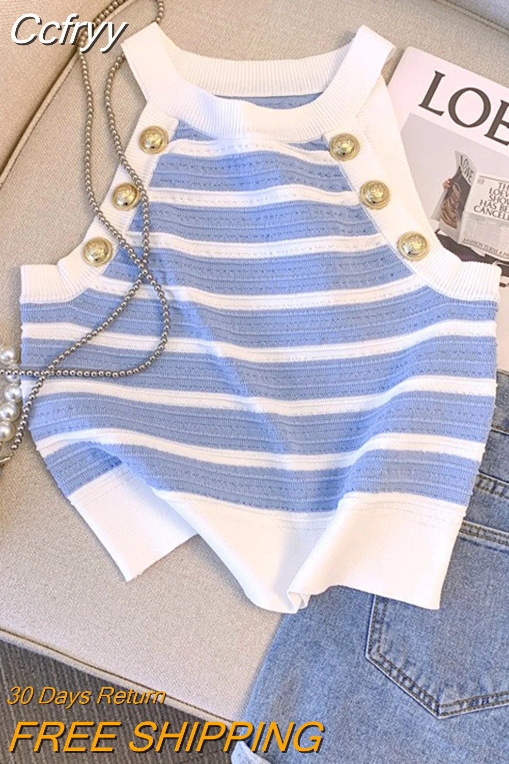 huibahe Slim Striped Knitted Vests Women Crop Tops 2023 Summer Sleeveless Gold Buttons Knitwear Sexy Elegant Streetwear Vests