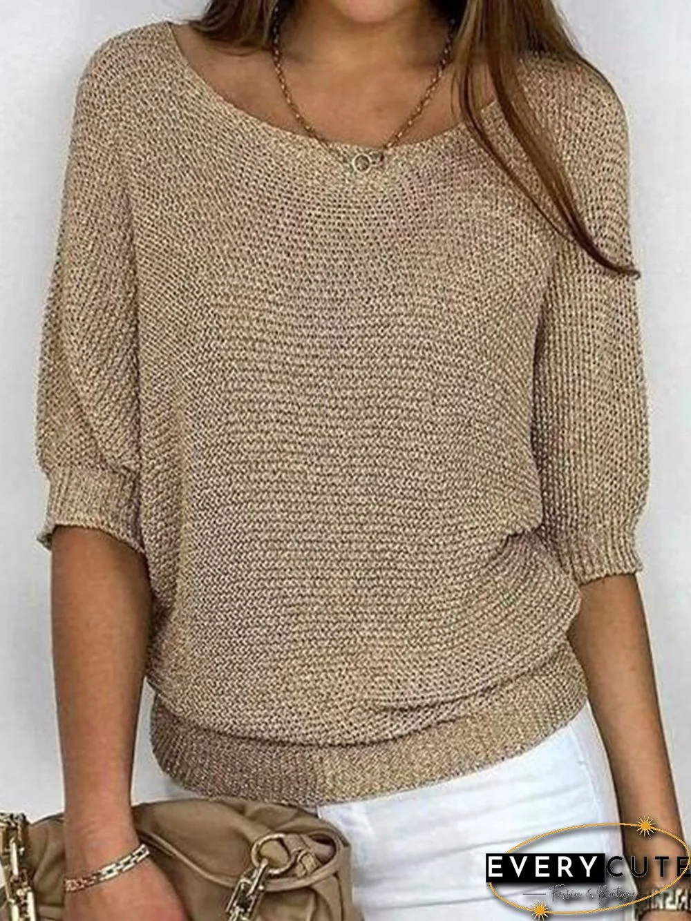 Plain 3/4 Sleeve Crew Neck Plus Size Casual Sweater