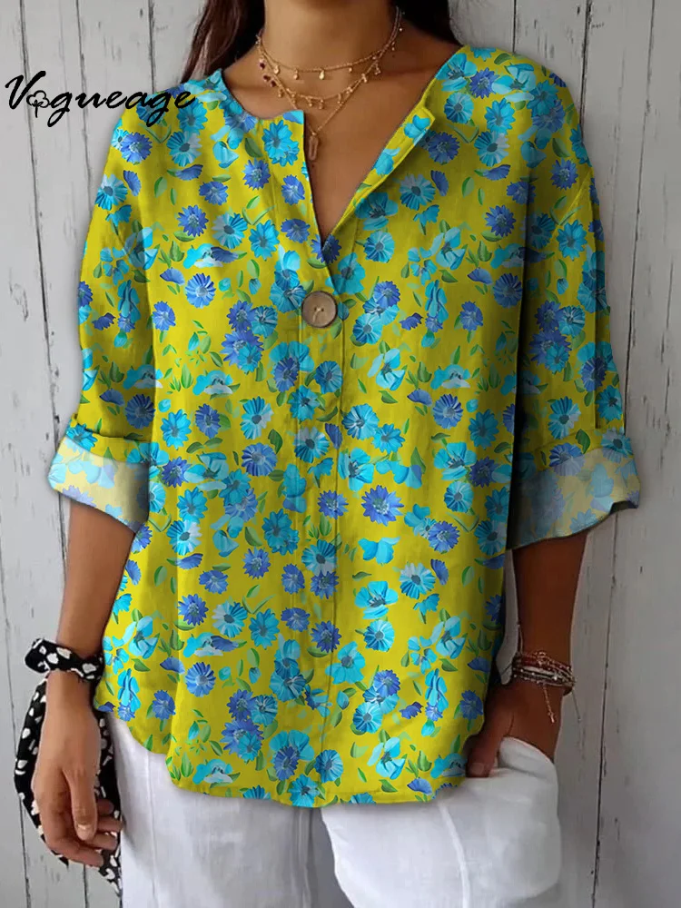 Bright Cheerful Elegant Plants Printed Cotton And Linen Shirt