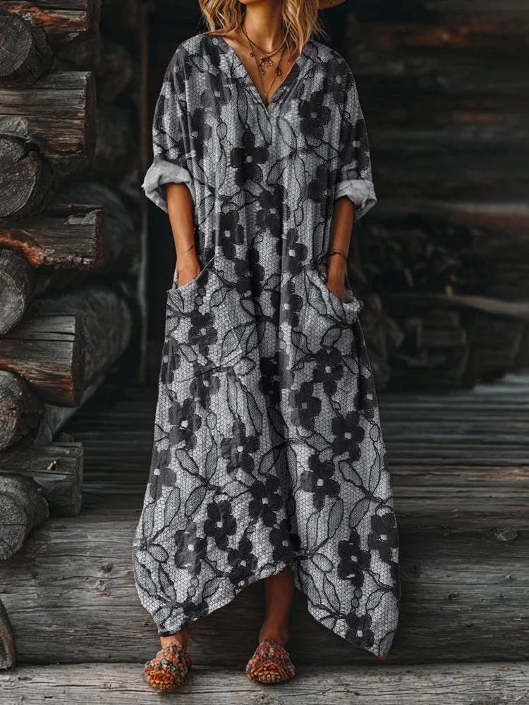 Women's Floral Art Pattern Print Pocket V-neck Cotton Dress
