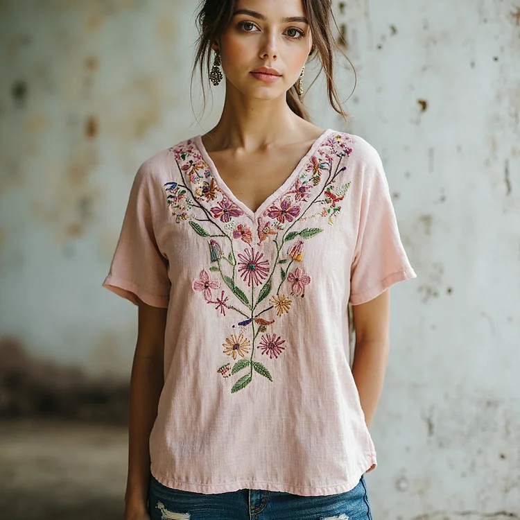 Women's Floral Embroidery Art Casual Linen Top