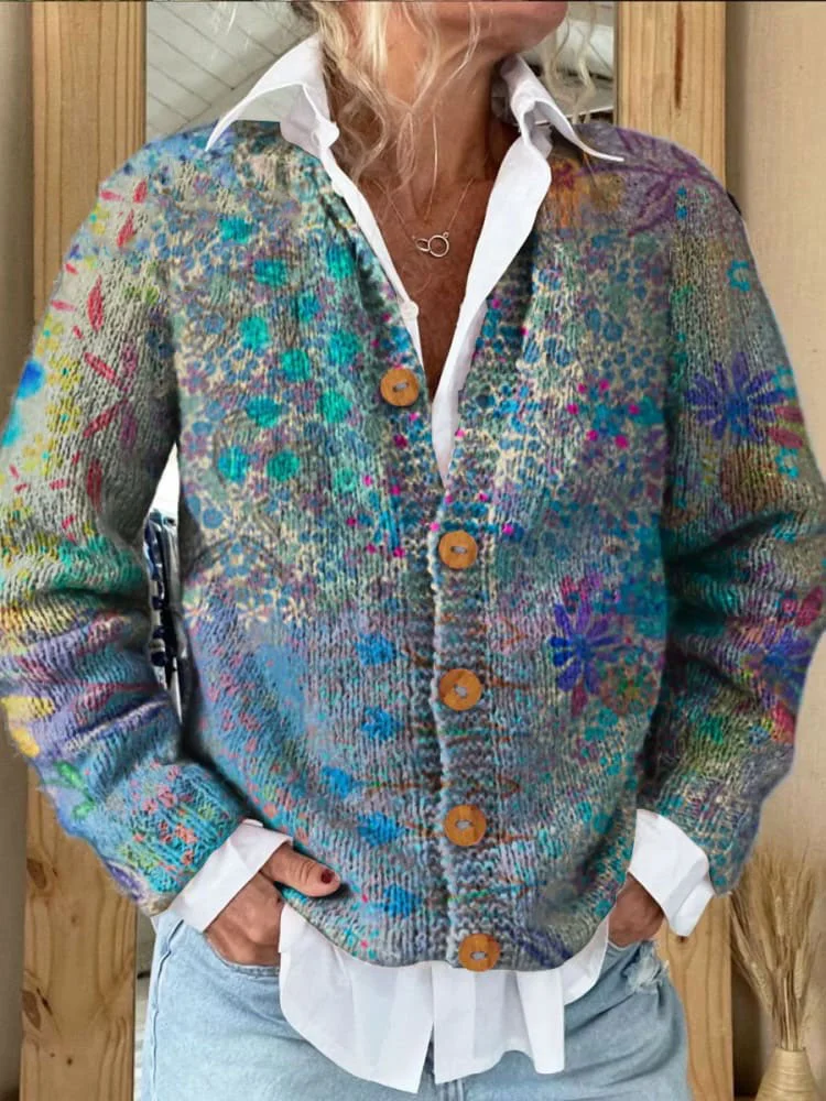 Colorful Floral Print Buttoned Cardigan Sweater