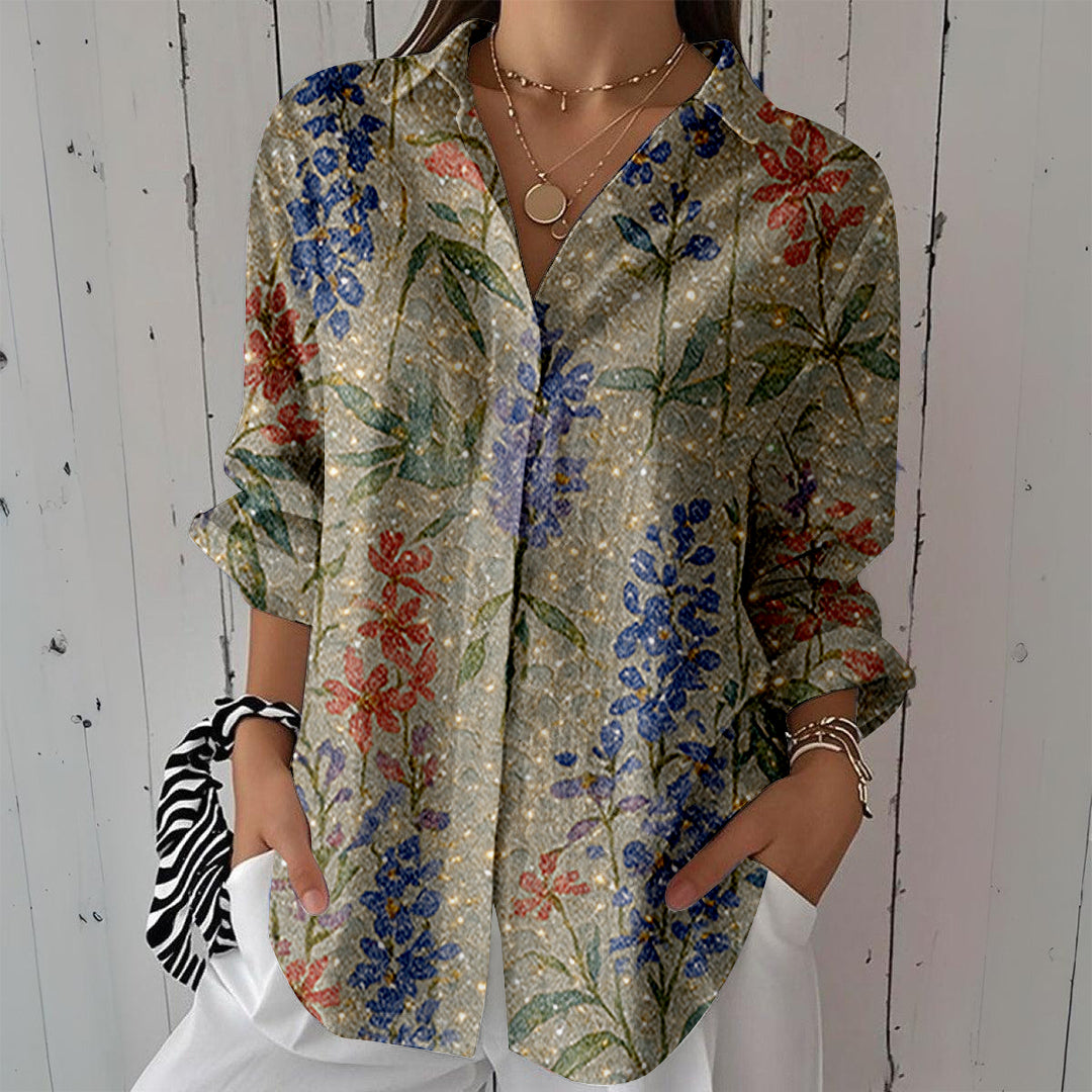 Women Long Sleeve V-neck Graphic Floral Printed Top