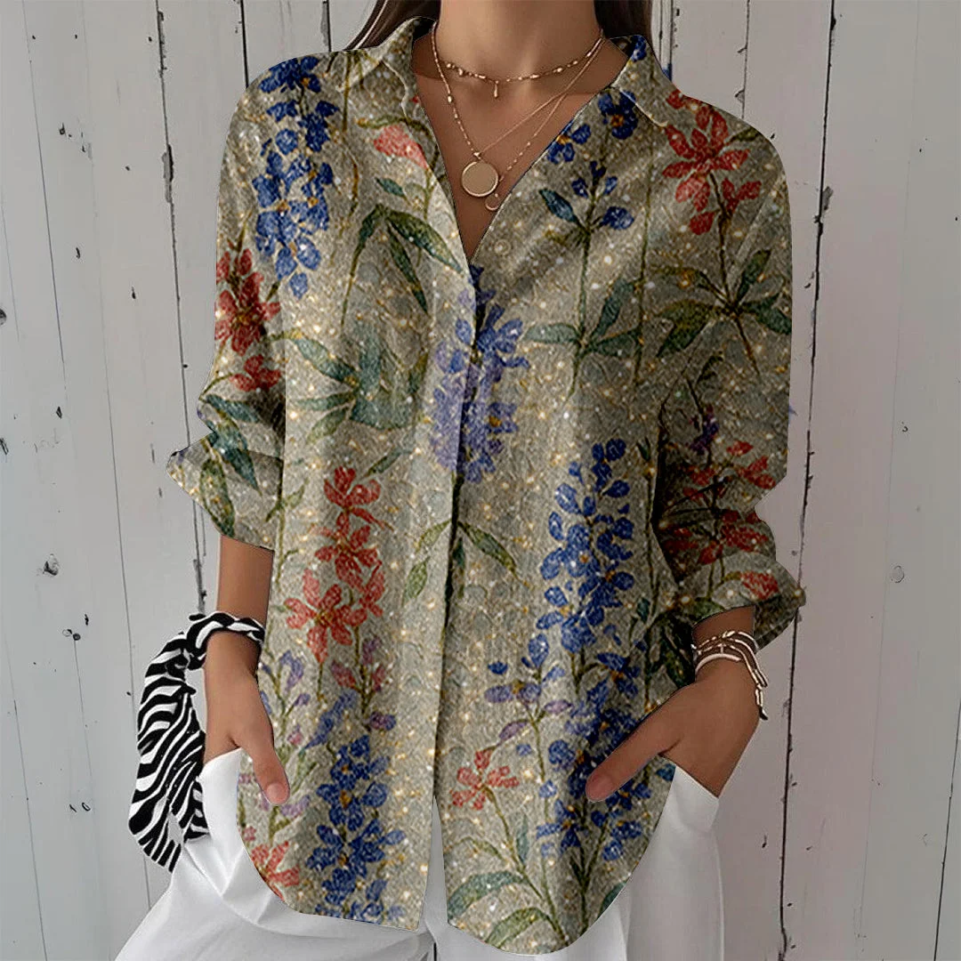 Style & Comfort for Mature Women Women Glitter,Floral,Green DZCL0000 3/4 Sleeve Shirt Collar Printed Button Tops