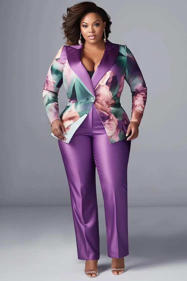 Xpluswear Design Plus Size Formal Purple Floral Lapel Collar Long Sleeve Contrast Satin Two Piece Pant Suits [Pre-Order] 2024 - Xpluswear