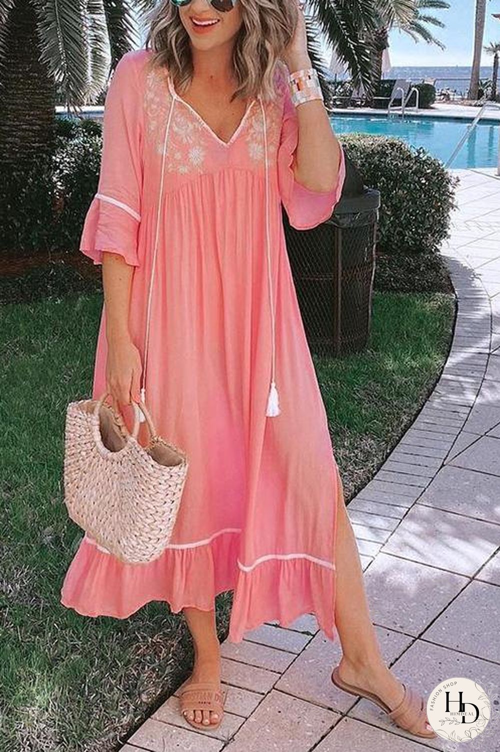 Embroidery Flares Sleeve Maxi Dress