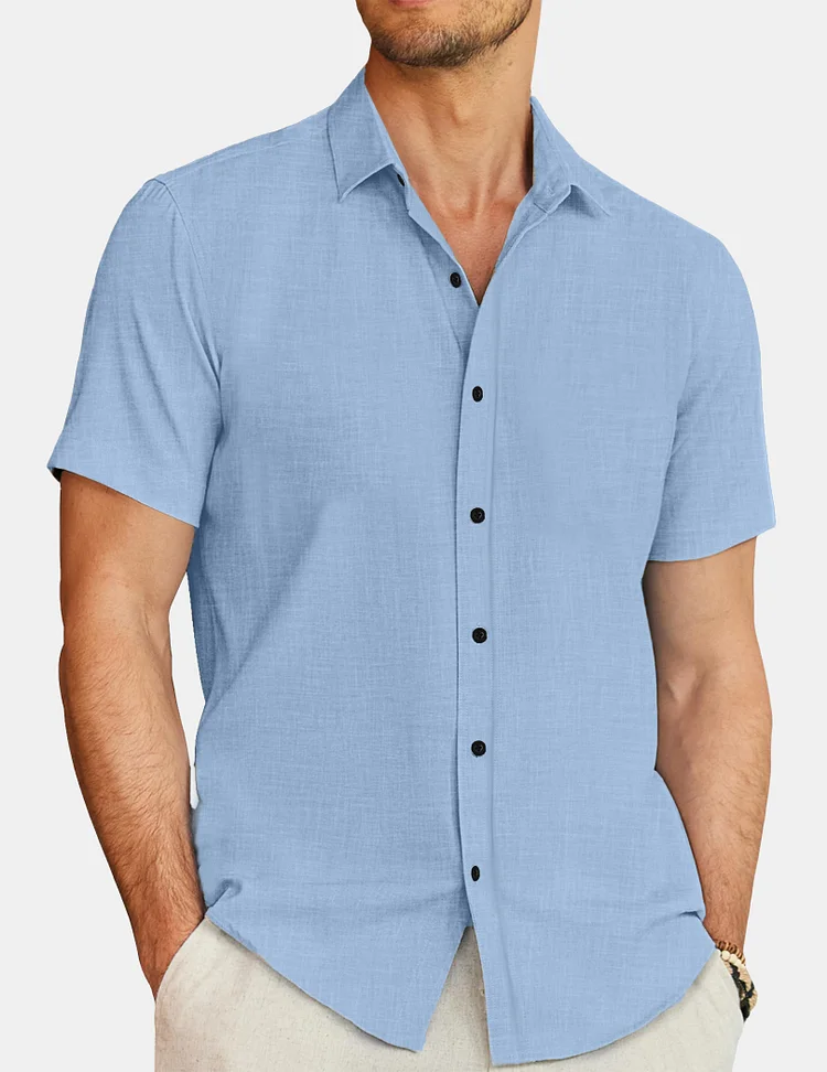 Men's Casual Cotton And Linen Solid Color Short-sleeved Shirts