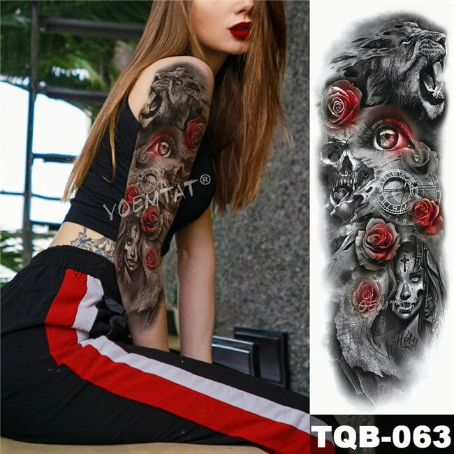 Large Arm Sleeve Tattoo Sketch Lion Tiger Waterproof Temporary Tatoo Sticker Wild Fierce Animal Men Full Bird Totem Tatto
