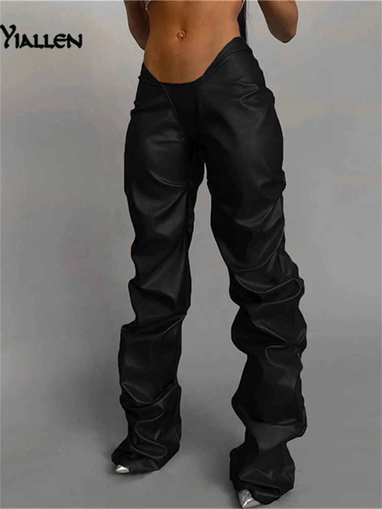 Yiallen Fashion PU Leather Folds Shiny  Pants Women Hipster High Street Irregular Shape Clothing Low Waist Female Streetwear