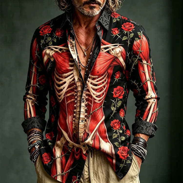 Men's Retro Halloween Anatomy Rose Print Long-sleeve Shirt